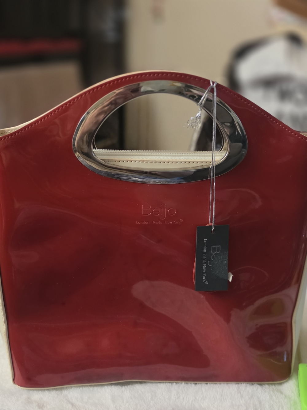 Beijo Red Patent Satchel with Silver Handle Accent